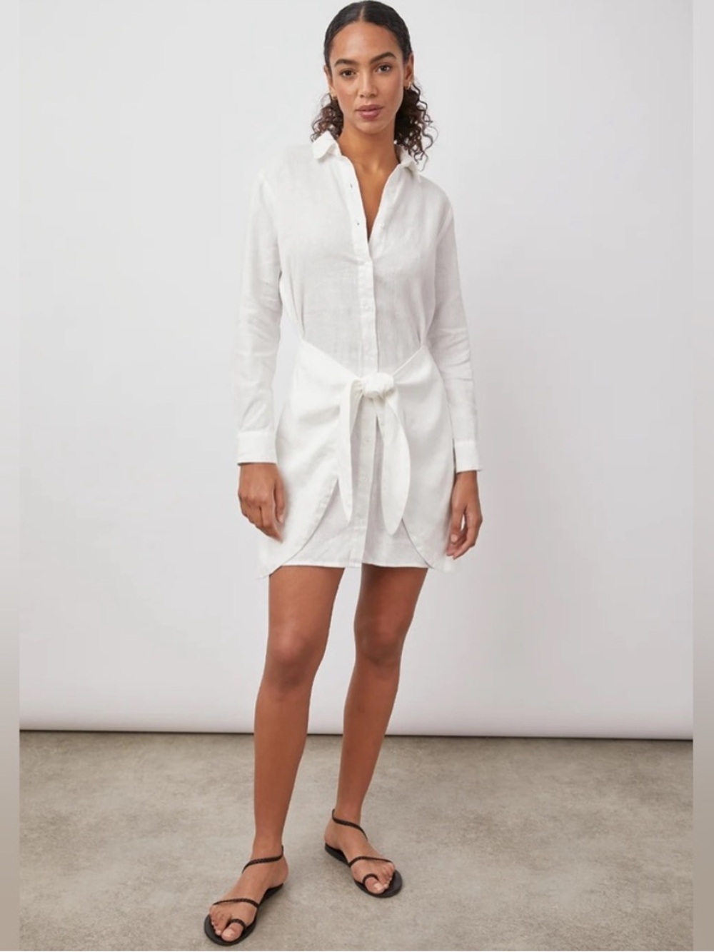 Rails Nadia Linen Long Sleeve Front-Tie Mini Shirtdress White Size M